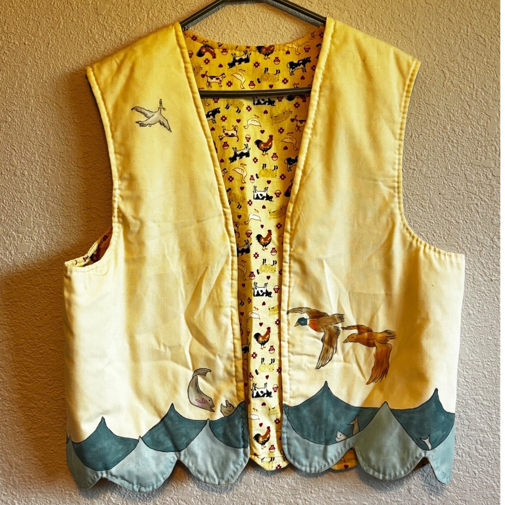 Vintage Noahs Ark Hand Painted Scalloped Hem Vest Yellow Animal Print Lining